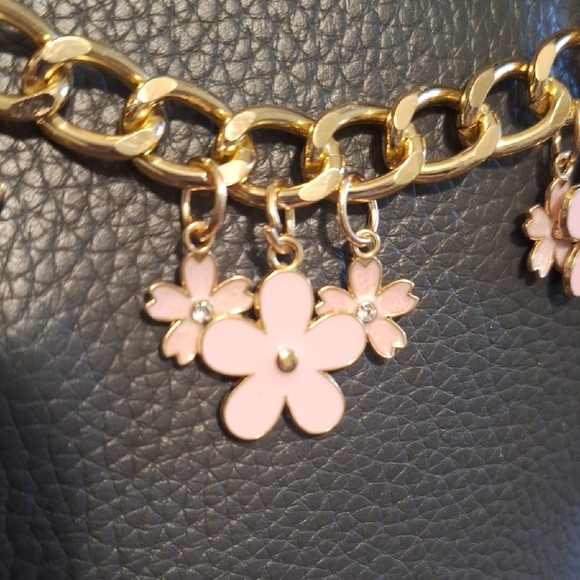 Enameled Pink Flowers On A Gold Chain Bag Charm - Picture 3 of 4